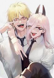 Rule 34 | 1boy, 1girl, arm around neck, black necktie, blonde hair, chainsaw man, collared shirt, cross-shaped pupils, denji (chainsaw man), fangs, glasses, hair over one eye, hair over shoulder, highres, horns, long hair, looking at viewer, necktie, open mouth, pants, pants rolled up, pink hair, power (chainsaw man), red eyes, round eyewear, sharp teeth, shirt, shirushi (in), short hair, simple background, symbol-shaped pupils, teeth, tongue, tongue out, v, white background, white shirt