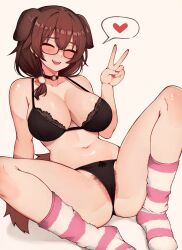 Rule 34 | 1girl, :d, animal ears, black bra, black choker, black panties, bra, breasts, brown hair, choker, closed eyes, dog ears, dog tail, extra ears, female pubic hair, glasses, hair between eyes, hair ornament, hand up, heart, highres, hololive, inugami korone, inugami korone (loungewear), large breasts, long hair, no shoes, o-ring, o-ring choker, open mouth, panties, pom pom (clothes), pom pom hair ornament, pubic hair, red nails, simple background, sitting, smile, socks, solo, spoken heart, spread legs, striped clothes, striped socks, tail, underwear, v, varniskarnis, virtual youtuber, white background