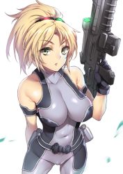 Rule 34 | 1girl, bare shoulders, blonde hair, blush, bodysuit, breasts, cameltoe, cleft of venus, covered navel, fuya (tempupupu), green eyes, gun, large breasts, looking at viewer, nova (starcraft), ponytail, rifle, simple background, skin tight, solo, starcraft, weapon, white background