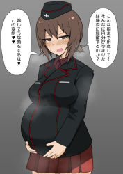 Rule 34 | 1girl, bad id, bad pixiv id, blush, brown eyes, brown hair, dress shirt, garrison cap, girls und panzer, hand on own stomach, hat, highres, japanese text, jewelry, kuromorimine military uniform, looking at viewer, miniskirt, naughty face, ngc20701, nishizumi maho, open mouth, pregnant, ring, shirt, short hair, skirt, solo, sweat, translation request