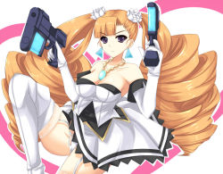 Rule 34 | 1girl, aq interactive, arcana heart, arcana heart 2, atlus, bare shoulders, breasts, cleavage, dress, drill hair, dual wielding, earrings, elbow gloves, examu, garter belt, gloves, gun, hands on own hips, holding, jewelry, kazumi yoshizu, large breasts, leg up, legs, long hair, necklace, orange hair, panties, petra johanna lagerkvist, purple eyes, solo, thighhighs, thighs, twintails, underwear, weapon, white panties, white thighhighs