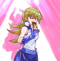 Rule 34 | 1girl, arm support, bare shoulders, belt, blonde hair, blue skirt, breasts, card (medium), duel academy uniform (yu-gi-oh! gx), elbow gloves, fingerless gloves, gloves, highres, long hair, looking at viewer, medium breasts, obelisk blue uniform, shadow, silhouette, simple background, sitting, skirt, sleeveless, smile, solo, tenjouin asuka, thighs, white background, yellow eyes, yu-gi-oh!, yu-gi-oh! gx