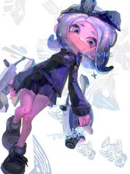 Rule 34 | 1girl, black bow, black hair, black hairband, black shirt, black skirt, blue eyes, blue hair, blue outline, bow, bow hairband, brown footwear, chinese commentary, collared shirt, colored tongue, dapple dualies (splatoon), dual wielding, earrings, esa (no chirasu1), full body, gradient hair, hair bow, hairband, highres, holding, holding weapon, jewelry, long hair, long sleeves, miniskirt, multicolored hair, nintendo, octoling, octoling girl, octoling player character, outline, parted lips, pleated skirt, sample watermark, shirt, single earring, skirt, solo, splatoon (series), star (symbol), star earrings, suction cups, tentacle hair, two-tone hair, watermark, weapon, white background