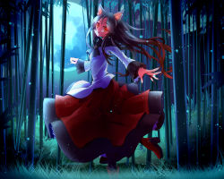 Rule 34 | 1girl, :o, animal ears, bamboo, bamboo forest, boots, brooch, brown hair, dress, fingernails, fireflies, forest, frilled sleeves, frills, full moon, grass, head tilt, imaizumi kagerou, jewelry, layered dress, long fingernails, long hair, long sleeves, looking at viewer, moon, myaaco, nature, open hand, outstretched arm, pantyhose, red eyes, sharp fingernails, solo, touhou, wolf ears