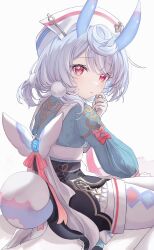Rule 34 | 1girl, :&lt;, animal ears, blush, closed mouth, commentary request, genshin impact, gloves, grey hair, hair ornament, hat, highres, looking at viewer, medium hair, nupenupewo, nurse cap, pantyhose, red eyes, ribbon, shoes, sigewinne (genshin impact), simple background, solo, tail, white background