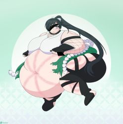 Rule 34 | 1girl, big belly, breasts, broken, clothes, eyepatch, fat, fate (series), highres, huge breasts, mochizuki chiyome (fate), navel, ninja, obese, solo, weight gain
