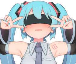 Rule 34 | 1girl, abmayo, aqua hair, aqua nails, armpits, bare shoulders, black blindfold, black sleeves, blindfold, blue necktie, blush, commentary request, detached sleeves, double v, emotional engine - full drive, facing viewer, fate/grand order, fate (series), grey shirt, hair ornament, hands up, hatsune miku, highres, long hair, nail polish, necktie, open mouth, shirt, shoulder tattoo, simple background, sleeveless, sleeveless shirt, smile, solo, sparkle, sparkle background, sweat, tattoo, twintails, upper body, v, v-shaped eyebrows, vocaloid, white background