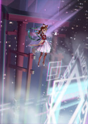 Rule 34 | 1girl, absurdres, animal ear fluff, animal ears, blue eyes, blurry, blurry background, bodysuit, brown hair, building, closed mouth, commentary, copyright request, depth of field, detached sleeves, dress, fox ears, glitch, hair ornament, high heels, highres, liyou-ryon, long hair, long sleeves, looking away, nijisanji, hugging object, pleated dress, red bodysuit, skyscraper, solo, stuffed fox, torii, virtual youtuber, virtuareal, white dress, white sleeves, wide sleeves, x hair ornament