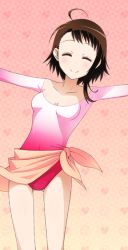 Rule 34 | 10s, 1girl, ahoge, athletic leotard, breasts, brown hair, cleavage, collarbone, closed eyes, gluteal fold, leotard, nisekoi, onodera kosaki, outstretched arms, short hair, small breasts, smile, solo, standing