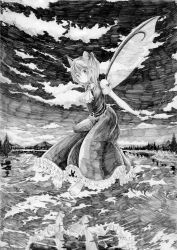 Rule 34 | 1girl, barefoot, daiyousei, female focus, flying, full body, graphite (medium), greyscale, harikona, highres, monochrome, nature, outdoors, plant, reflection, sky, solo, touhou, traditional media, water