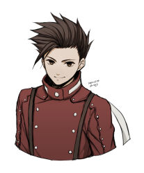 Rule 34 | 1boy, brown eyes, brown hair, cropped torso, dated, high collar, hiryuu (kana h), jacket, lloyd irving, looking at viewer, male focus, red jacket, short hair, signature, simple background, smile, solo, spiked hair, suspenders, tales of (series), tales of symphonia, upper body, white background