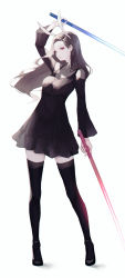 Rule 34 | 1girl, absurdres, animal ears, arm up, bare shoulders, beat saber, black dress, black footwear, black hair, black thighhighs, breasts, cleavage, closed mouth, clothing cutout, commentary, dress, erospanda, fake animal ears, floating hair, full body, hairband, highres, holding, long hair, long sleeves, looking at viewer, rabbit ears, red eyes, shadow, shoes, shoulder cutout, small breasts, solo, standing, thighhighs, very long hair, white hairband, wide sleeves