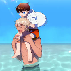 Rule 34 | 2boys, :d, ^ ^, amuro tooru, bare pectorals, barefoot, blonde hair, blue eyes, blue sky, brown hair, carrying, child, closed eyes, collarbone, commentary request, day, edogawa conan, from side, hair between eyes, hands on another&#039;s head, happy, hood, hood down, hoodie, kanamura ren, looking at another, looking down, male focus, meitantei conan, multiple boys, navel, no eyewear, no nipples, ocean, open clothes, open hoodie, open mouth, outdoors, partially submerged, pectorals, piggyback, shadow, short hair, sky, smile, sunlight, sweatdrop, teeth, toned, toned male, upper teeth only, white hoodie, wind