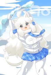 Rule 34 | 1girl, animal ear fluff, animal ears, arms up, blue necktie, blue skirt, blue sky, blush, breasts, buttons, cloud, club (weapon), commentary request, day, elbow gloves, feet out of frame, fur collar, gloves, grey eyes, hair between eyes, highres, holding, holding club, holding weapon, ice, kemono friends, large breasts, lets0020, lion ears, lion girl, lion tail, long bangs, long hair, looking at viewer, miniskirt, necktie, numbered, open mouth, outdoors, pantyhose, plaid, plaid necktie, plaid skirt, pleated skirt, shirt, short sleeves, skirt, sky, smile, solo, standing, tail, weapon, white gloves, white hair, white lion (kemono friends), white pantyhose, white shirt