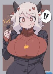 Rule 34 | !, !!, 1girl, arm behind back, artist name, black jacket, blush, border, breasts, brown background, closed mouth, commentary, demon girl, demon horns, grey border, grey hair, hair ornament, heart, heart hair ornament, helltaker, highres, horns, jacket, large breasts, long sleeves, looking at viewer, medium hair, modeus (helltaker), popped button, red eyes, red sweater, ribbed sweater, ryuusui arumo, sleeves past wrists, smile, solo, spoken exclamation mark, sweat, sweater, turtleneck, upper body