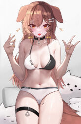 Rule 34 | 1girl, absurdres, animal ears, bare shoulders, blush, bone hair ornament, breasts, brown eyes, brown hair, choker, cleavage, collar, collarbone, dog ears, dog girl, dog tail, dress shirt, fangs, hair between eyes, hair ornament, highres, hololive, inugami korone, kkato, long hair, looking at viewer, medium breasts, o-ring, o-ring choker, open mouth, panties, see-through, shirt, skin fangs, smile, solo, tail, thigh strap, thighs, two-tone bra, underwear, virtual youtuber, white panties, yellow nails