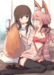 Rule 34 | 10s, 2girls, :d, animal ears, black legwear, blush, bra, brown eyes, brown hair, casual, commentary request, fang, fate/extra, fate/extra ccc, fate (series), fox ears, fox tail, hair brush, highres, hood, hoodie, jewelry, kishinami hakuno (female), kyuri, long hair, low twintails, multiple girls, necklace, official alternate costume, open clothes, open hoodie, open mouth, pink eyes, pink hair, profile, red bra, shirt, sketch, smile, striped clothes, striped hoodie, t-shirt, tail, tail brushing, tamamo (fate), tamamo no mae (fate/extra), tamamo no mae (spring casual) (fate), thighhighs, twintails, underwear