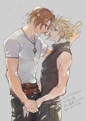 Rule 34 | 2boys, belt, black pants, black vest, blonde hair, blue eyes, brown belt, brown hair, chain, chain necklace, cloud strife, earrings, face-to-face, final fantasy, final fantasy vii, final fantasy viii, green eyes, high collar, highres, holding hands, jewelry, kabedon, male focus, multiple belts, multiple boys, necklace, pants, scar, scar on face, shio ga, shirt, short hair, short sleeves, single earring, sleeveless, squall leonhart, v-neck, vest, white shirt, yaoi, zipper