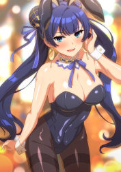 Rule 34 | 1girl, animal ears, aqua eyes, bellona (epic seven), blue hair, blue ribbon, blurry, blurry background, breasts, cleavage, detached collar, double bun, earrings, epic seven, fake animal ears, hair bun, hair ornament, hair ribbon, jewelry, leotard, lower teeth only, open mouth, pantyhose, playboy bunny, rabbit ears, ribbon, rin ateria, smile, solo, teeth, twintails, wrist cuffs