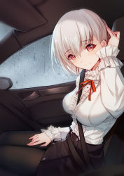 Rule 34 | 1girl, between breasts, bison cangshu, black skirt, breasts, brown pantyhose, center frills, frilled shirt, frills, girls&#039; frontline, hair between eyes, hand on own thigh, hand up, highres, large breasts, long sleeves, looking at viewer, miniskirt, neck ribbon, pantyhose, pencil skirt, rain, red eyes, red ribbon, ribbon, rmb-93 (girls&#039; frontline), seatbelt, shirt, short hair, silver hair, sitting, skirt, smile, solo, vehicle interior, water, white shirt