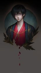 Rule 34 | 1boy, artist name, black background, black hair, blood, circle, commission, earrings, fantasy, felice, haori, highres, japanese clothes, jewelry, kimono, looking at viewer, male focus, original, petals, portrait, purple eyes, realistic, red kimono, short hair, solo