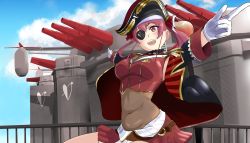 Rule 34 | absurdres, aircraft, airship, arrow through heart, belly, breasts, cannon, chadgarciaburg, cleavage, eyepatch, highres, hololive, houshou marine, midriff peek, navel, open mouth, pirate, red hair, see-through, see-through cleavage, self-upload, solo, virtual youtuber