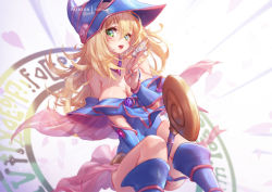 Rule 34 | 1girl, bad id, bad pixiv id, bare shoulders, blonde hair, blue hat, blue nails, breasts, card, cleavage, commentary request, dark magician girl, duel monster, facial mark, green eyes, hair between eyes, hat, holding, holding card, large breasts, legs, long hair, looking at viewer, mitsu (mitsu art), nail polish, open mouth, patreon username, solo, wizard hat, yu-gi-oh!, yu-gi-oh! duel monsters