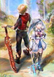 Rule 34 | 1boy, 1girl, blonde hair, blue eyes, closed mouth, curly hair, dress, from behind, fuwamoko momen toufu, head wings, highres, holding, holding staff, holding sword, holding weapon, long sleeves, melia antiqua, nintendo, outdoors, puffy sleeves, red vest, shoes, short hair, short sleeves, shulk (xenoblade), silver hair, staff, sword, vest, weapon, wings, xenoblade chronicles, xenoblade chronicles: future connected, xenoblade chronicles (series), xenoblade chronicles 1