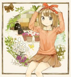 Rule 34 | 1girl, adjusting bow, blue eyes, bow, brown hair, cat, hair bow, hand on bow, looking at viewer, nasuna, original, short hair, sitting, solo