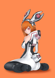 Rule 34 | 1girl, bare shoulders, bodysuit, breasts, commentary request, headgear, jinn (popmart), large breasts, looking at viewer, mecha musume, mechanical ears, mechanical tail, orange background, orange hair, original, red eyes, sitting, skin tight, solo, tail, wariza