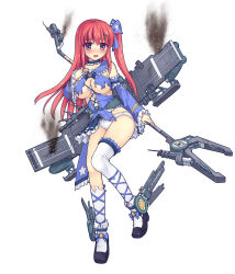 Rule 34 | 1girl, battleship girl, breasts, cleavage, detached sleeves, full body, hair ornament, high heels, large breasts, long hair, looking at viewer, machinery, open mouth, panties, purple eyes, ranger (battleship girl), red eyes, ribbon trim, side ponytail, simple background, skirt, smile, solo, srwsrx (gp03dsrx), thighhighs, torn clothes, torn thighhighs, turret, underwear, white background, white thighhighs