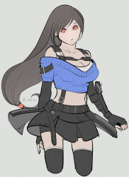 Rule 34 | 1girl, bare shoulders, belt, black hair, black skirt, blue sweater, breasts, cleavage, crop top, cropped legs, detached sleeves, final fantasy, final fantasy vii, final fantasy vii ever crisis, fingerless gloves, gloves, harness, highres, large breasts, long hair, looking at viewer, low-tied long hair, midriff, off-shoulder sweater, off shoulder, official alternate costume, red eyes, shillo, simple background, skirt, solo, square enix, strap, suspender skirt, suspenders, suspenders under shirt, sweater, tank top, thighhighs, tifa lockhart