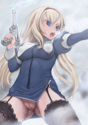 Rule 34 | 1girl, armpits, blonde hair, blue eyes, blush, bottomless, breasts, breath, character request, cleft of venus, dress, garter belt, garter straps, gun, hairband, handgun, highres, long hair, luger p08, maidensnow no youkai dai-makyou, musen-shiki sanhankikan, nipples, no panties, outstretched arm, pussy, solo, sweat, thighhighs, uncensored, upskirt, weapon