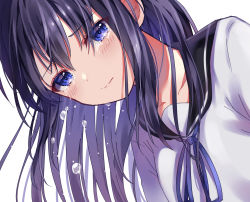 Rule 34 | 1girl, black hair, black sailor collar, blue eyes, blue ribbon, closed mouth, collarbone, commentary request, crying, crying with eyes open, hair between eyes, hisui (sigurehisui), long hair, looking at viewer, neck ribbon, original, ribbon, sailor collar, school uniform, serafuku, shirt, simple background, solo, tears, upper body, white background, white shirt