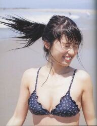 Rule 34 | 1girl, aida rikako, beach, bikini, closed eyes, outdoors, photo (medium), smile, swimsuit, voice actor