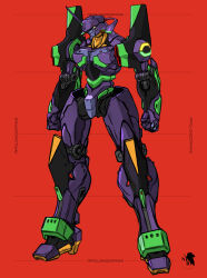 Rule 34 | absurdres, apoloniodraws, artist name, clenched hands, eva 01, evangelion (mecha), full body, glowing, glowing eye, highres, horns, joints, logo, mecha, mecha focus, neon genesis evangelion, nerv, no humans, rebuild of evangelion, red background, redesign, robot, robot joints, science fiction, single horn, solo, standing, white eyes