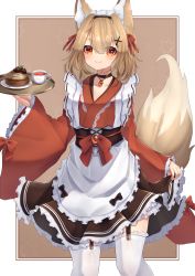 Rule 34 | 1girl, absurdres, animal ear fluff, animal ears, apron, black skirt, closed mouth, cup, fox ears, fox girl, fox tail, frilled apron, frilled skirt, frilled sleeves, frilled thighhighs, frills, garter straps, hair between eyes, hair ornament, highres, hinata (user rjkt4745), holding, holding tray, japanese clothes, kimono, light brown hair, long sleeves, maid, maid apron, original, plate, red eyes, red kimono, skirt, skirt hold, sleeves past wrists, smile, solo, tail, tea, teacup, thighhighs, tray, wa maid, white apron, white thighhighs, wide sleeves, x hair ornament