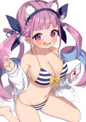 Rule 34 | 1girl, :d, @ @, ahoge, anchor hair ornament, animal ear fluff, animal ears, bare shoulders, barefoot, bikini, blue hair, blue hairband, blue nails, blue ribbon, blush, bow, braid, breasts, cat ears, cat girl, cat tail, cellphone, cleavage, commentary request, frilled jacket, frills, hair ornament, hair ribbon, hairband, hands up, heart, heavy breathing, highres, holding, holding phone, hololive, jacket, large breasts, long hair, long sleeves, minato aqua, minato aqua (hololive summer 2019), muku (muku-coffee), multicolored hair, nail polish, navel, nervous smile, off shoulder, open clothes, open jacket, open mouth, phone, puffy long sleeves, puffy sleeves, purple eyes, purple hair, ribbon, simple background, sleeves past wrists, smile, solo, striped bikini, striped clothes, sweat, swimsuit, tail, tail ornament, tail ribbon, tears, twintails, two-tone hair, very long hair, virtual youtuber, white background, white jacket, yellow bow