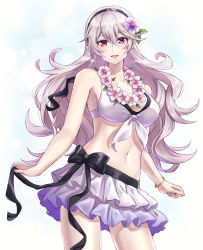 Rule 34 | 1girl, :d, bare arms, bikini, bikini skirt, bikini top only, black bow, black hairband, bow, bracelet, breasts, cleavage, collarbone, contrapposto, corrin (female) (fire emblem), corrin (female) (summer) (fire emblem), corrin (fire emblem), fire emblem, fire emblem fates, fire emblem heroes, floating hair, flower, front-tie bikini top, front-tie top, hair between eyes, hair flower, hair ornament, hairband, highres, jewelry, layered skirt, long hair, looking at viewer, medium breasts, miniskirt, navel, nintendo, official alternate costume, open mouth, pleated skirt, pointy ears, red eyes, shinae, silver hair, simple background, skirt, smile, solo, standing, swimsuit, very long hair, white background, white bikini, white flower, white skirt