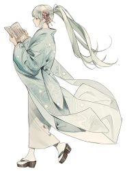 Rule 34 | 1girl, aqua kimono, ayaka (genshin impact), book, closed mouth, commentary, floral print, from side, genshin impact, grey hair, hair ornament, highres, holding, holding book, japanese clothes, kimono, kushami deso, long hair, long sleeves, official alternate costume, okobo, ponytail, sandals, sidelocks, simple background, solo, symbol-only commentary, very long hair, walking, white background