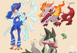 Rule 34 | 1boy, 1girl, animal feet, animal hands, animal nose, artist name, beak, bird boy, bird tail, black sclera, blue eyes, blue fur, blue hair, body fur, breasts, breath weapon, breathing fire, claws, closed mouth, colored sclera, creatures (company), fang, fire, floating, floating object, full body, furry, furry female, furry male, game freak, green fur, green hair, half-closed eyes, hand up, happy, heel up, highres, looking at viewer, meowscarada, nintendo, open mouth, orange background, pawpads, pokemon, pokemon (creature), profile, quaquaval, red eyes, sharp teeth, short hair, simple background, skeledirge, skin fang, small breasts, smile, standing, tail, teeth, tenebscuro, two-tone fur, upper body, watermark, white fur, yellow eyes