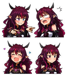 Rule 34 | 1girl, bare shoulders, blank eyes, blue eyes, blush, chibi, ddolbang, dress, empty eyes, fangs, grin, heterochromia, highres, hololive, hololive english, horns, irys (hololive), jitome, korean commentary, multiple views, pointy ears, purple eyes, purple hair, smile, sweatdrop, virtual youtuber, white dress