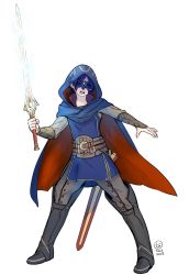 Rule 34 | 1girl, armor, blue hair, cape, falchion (fire emblem), fingerless gloves, fire emblem, fire emblem awakening, gloves, highres, lucina (fire emblem), mask, morgan (female) (fire emblem), morgan (fire emblem), nintendo, open mouth, reverse trap, short hair, solo, sword, tiara, ticcy, weapon