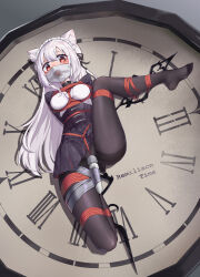 absurdres analog_clock animal ball_gag bdsm black_pantyhose bondage bound breasts clock corset crotch_rope dress gag highres long_hair mask medium_breasts mouth_mask original pantyhose pleated_skirt red_eyes restrained sex_toy shibari shibari_over_clothes skirt surgical_mask vibrator white_hair xiongmao