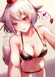 Rule 34 | 1girl, animal ears, blush, bra, breasts, commentary request, cowboy shot, dated, gradient background, grey background, hair between eyes, hat, head tilt, heart, highres, inubashiri momiji, mayonaka taruho, medium breasts, multicolored bra, multicolored clothes, multicolored panties, panties, pom pom (clothes), red eyes, short hair, solo, spoken heart, standing, stomach, thighs, tokin hat, touhou, underwear, white hair, wolf ears