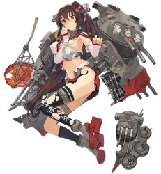Rule 34 | 10s, 1girl, black thighhighs, blush, boots, breast padding, breasts, brown eyes, brown hair, cherry blossoms, embarrassed, female focus, flower, full body, hair flower, hair ornament, kantai collection, large breasts, long hair, looking down, matching hair/eyes, midriff, navel, no panties, official art, oil-paper umbrella, personification, ponytail, shizuma yoshinori, single thighhigh, skirt, solo, thigh strap, thighhighs, torn clothes, torn skirt, torn thighhighs, transparent background, umbrella, very long hair, yamato (kancolle), yamato kai (kancolle)