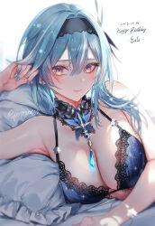 Rule 34 | 1girl, absurdres, bare shoulders, black headband, blue hair, blue nails, breasts, commentary request, eula (genshin impact), foreshortening, genshin impact, gradient eyes, happy birthday, headband, highres, large breasts, lingerie, long hair, looking at viewer, lying, medium hair, multicolored eyes, nail polish, on side, pottsness, solo, tagme, tiara, underwear