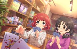 Rule 34 | 2girls, ace (playing card), ace of hearts, anzai miyako, artist request, asano fuka, black hair, black ribbon, blue eyes, blush, board game, bow, breasts, card, ceiling, ceiling light, glasses, hair bow, heart, idolmaster, idolmaster cinderella girls, idolmaster cinderella girls starlight stage, indoors, joker (playing card), large breasts, looking at another, low twintails, multiple girls, nervous, nervous sweating, official art, old maid, open mouth, pink bow, playing card, pov, purple shirt, red hair, ribbon, shelf, shirt, short hair, sidelocks, sitting, sparkle, sweat, sweatdrop, table, thick eyebrows, twintails, v-shaped eyebrows, wavy mouth