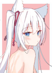 Rule 34 | 1girl, absurdres, animal ear fluff, animal ears, arm at side, back, bare shoulders, blue eyes, blush, border, breasts, cat ears, cat girl, from side, hair ribbon, highres, kakakaka (pc98times), long hair, looking at viewer, median furrow, nude, original, outside border, pout, raised eyebrows, red ribbon, ribbon, small breasts, solo, twintails, upper body, white border, white hair
