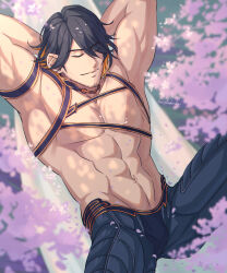 Rule 34 | 1boy, abs, armpits, arms behind head, bara, character request, cherry blossoms, facial hair, feet out of frame, from above, highres, large pectorals, lying, male focus, mature male, muscular, muscular male, navel, no nipples, on back, pectorals, relaxing, sleeping, solo, sparse stubble, spread legs, stubble, thick eyebrows, topless male, touken ranbu, yaekaidou